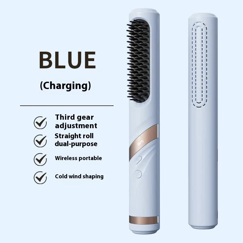 NNEDSZ Blue Portable USB Rechargeable Cold Wind Ionic Hair Straightening Brush, Multi-Functional Hair Straightener and Curler, Lightweight and Travel-Friendly